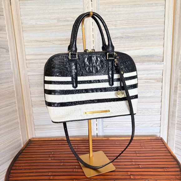 Brahmin | Black & White Striped Satchel | Gold Hardware | Detachable Strap - Picture 1 of 16